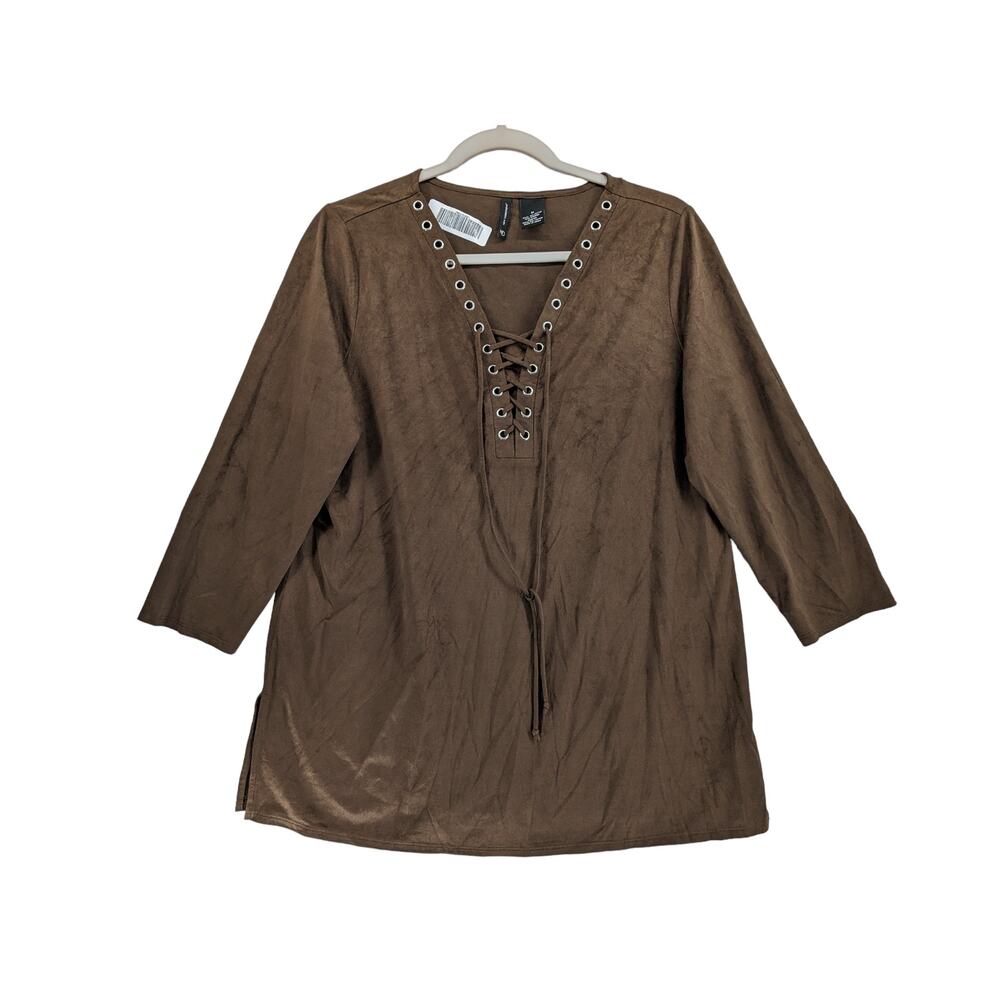 New Directions Lace Up Blouse M Brown Suede Feel Lightweight Casual Top Office